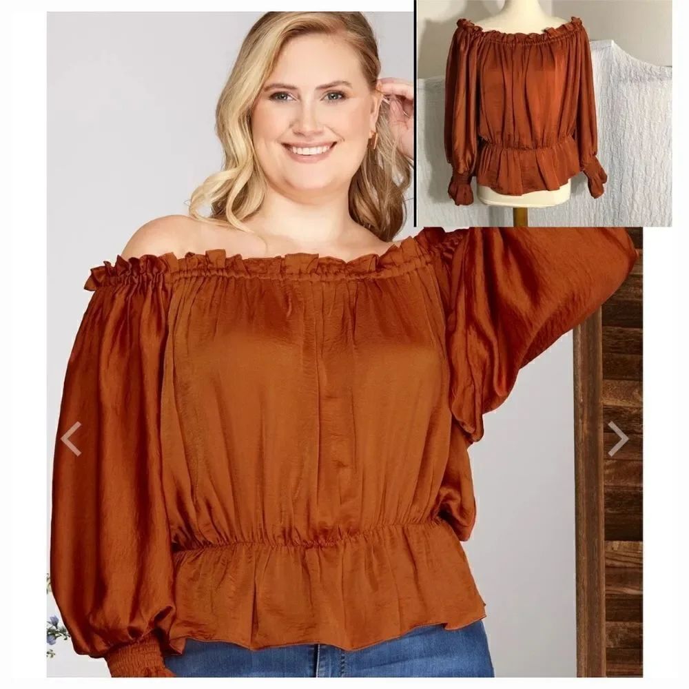 She PLus Ski Burnt Orange Off The Shoulder Peasant Top Size Large